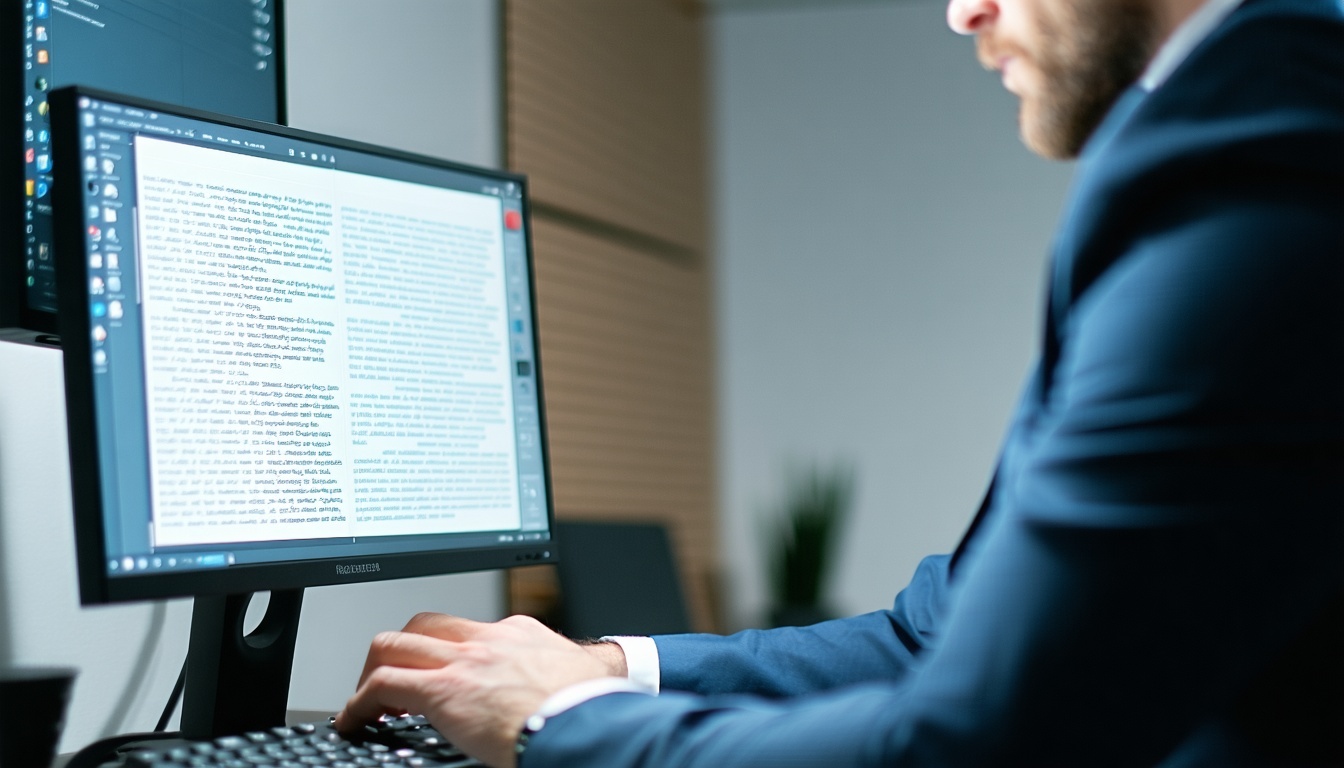 Profissional revisando texto em computador